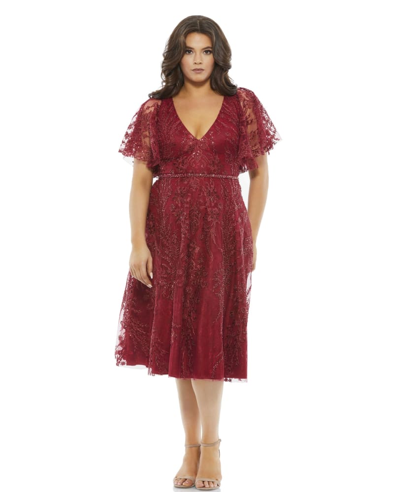 Front of a model wearing a size 14W Embellished Butterfly Sleeve Cocktail Dress in Burgundy by Mac Duggal. | dia_product_style_image_id:289966